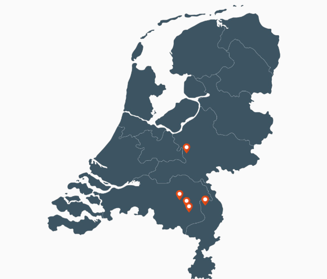 Kaart van Nederland met locaties van adVee Dierenartsen: Ysselsteyn, Heeswijk-Dinther, Veghel, Erp en Lunteren